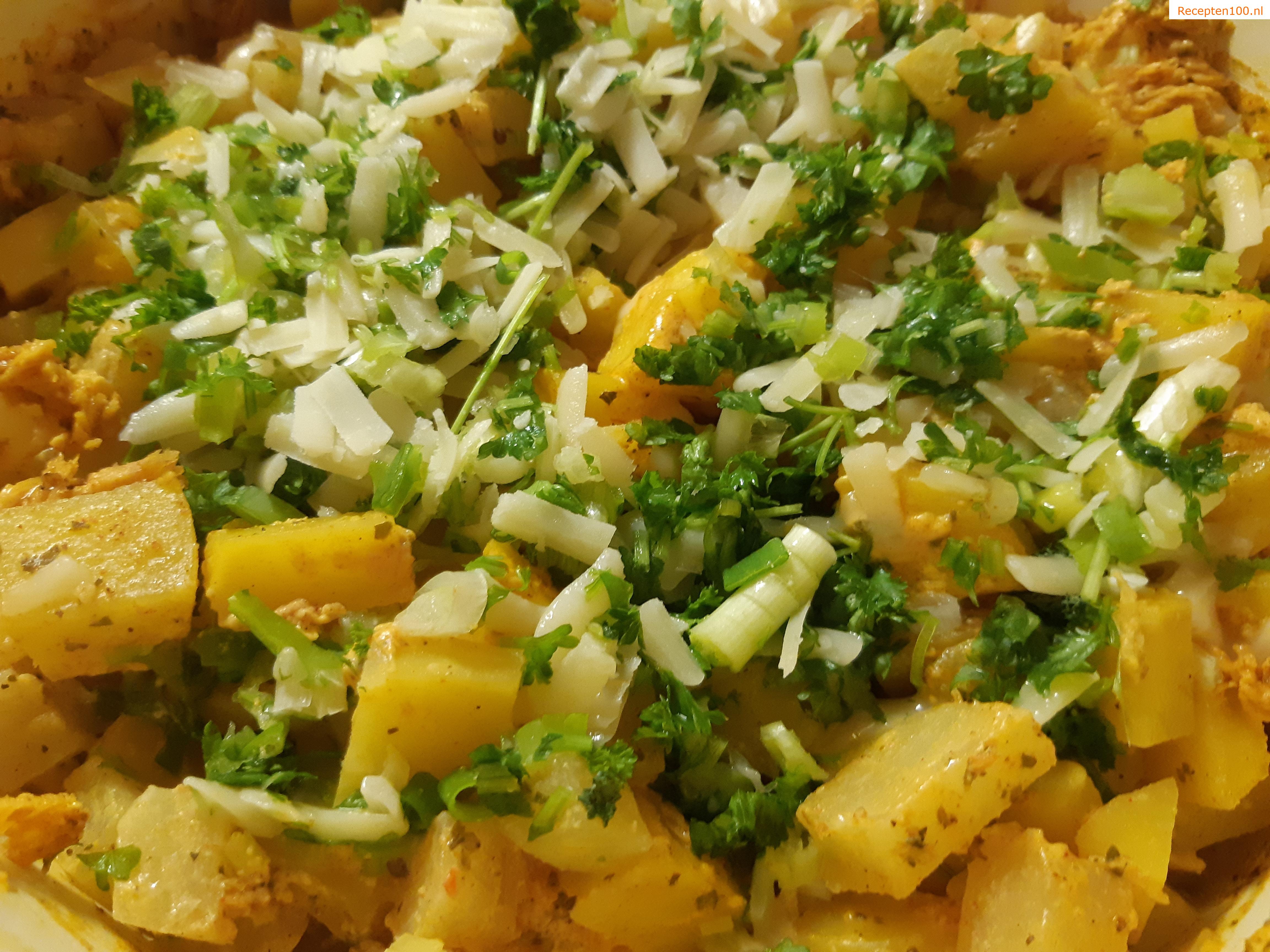 Gepofte courgette met knolselderij en uien